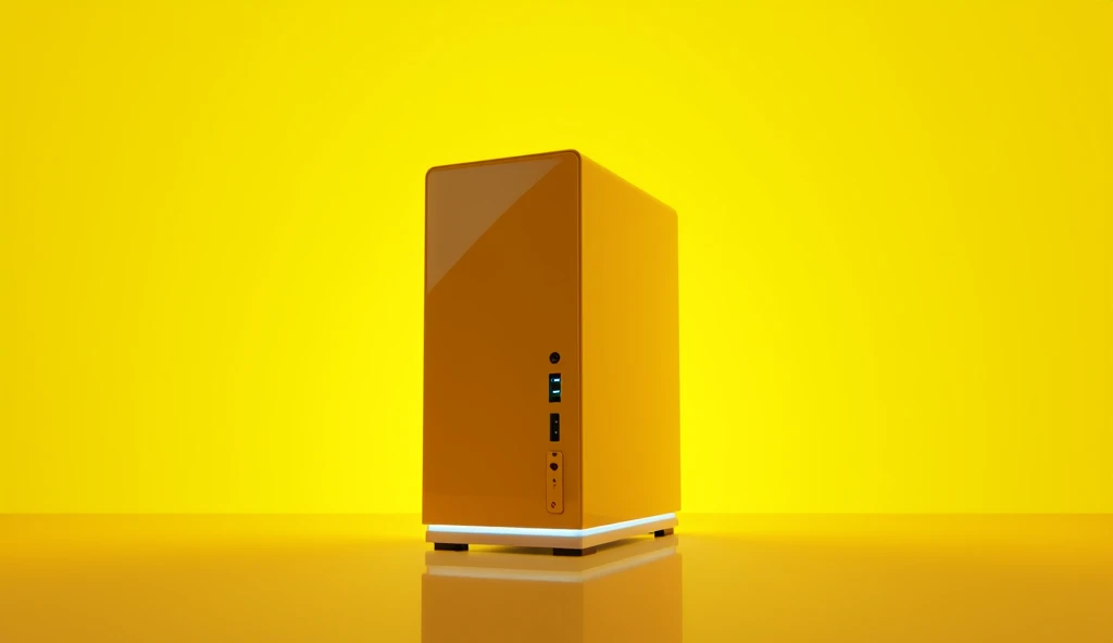 Use an all yellow background. Place the PC case in the center with a slight white glow around it to make it stand out. the pc needs to have usb inputs on the front
