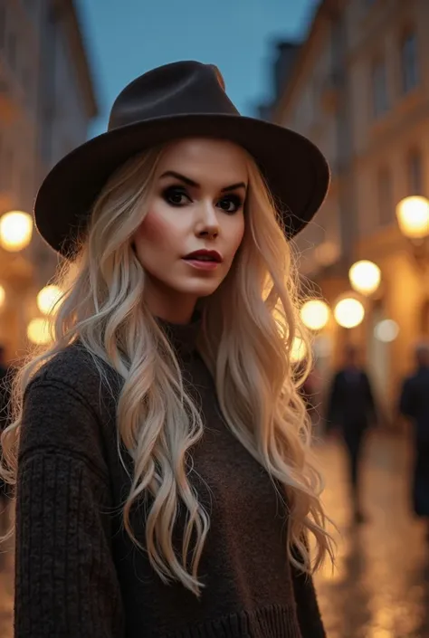 Young beautiful woman with platinum blonde long hair autumn clothes with hat at night in Munich