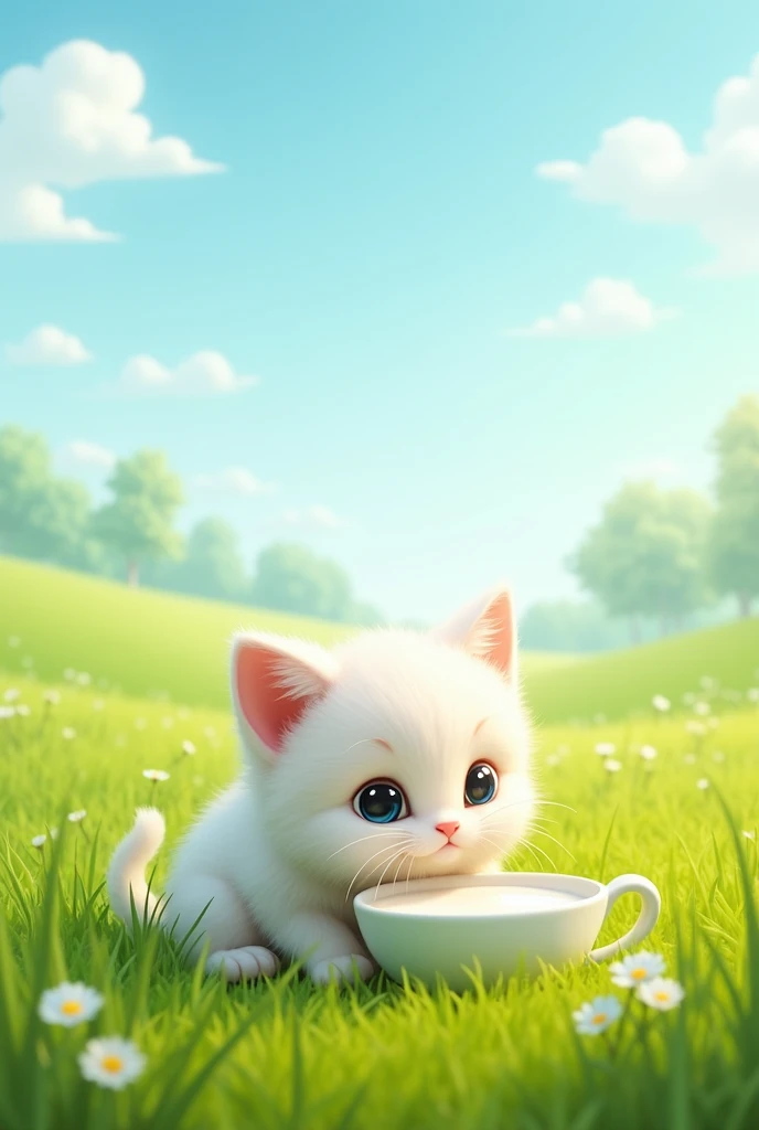 Cute white cat drink milk in Grass 