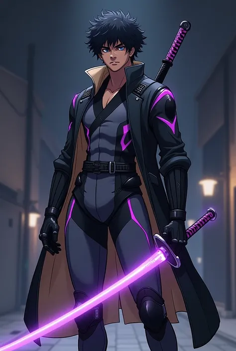 Detailed shonen anime style. black warrior, with short curly hair, wearing a high-tech futuristic suit. The suit is grey with purple accents and black sections.. He wears a long black coat with beige interior.. He holds a futuristic glowing purple katana i...