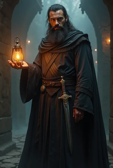 man, Wizard, young human, black hair and beard, candle lantern, strong, dagger 