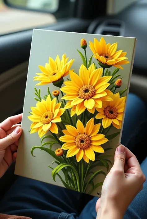 A photo of an oil painting of yellow flowers that looks like it was done by a beginner and that looks like the photo was taken as if a person was holding the painting inside the cabin of a vehicle.