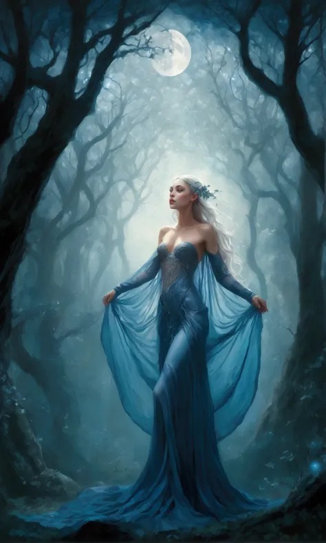 (best quality, 4k, highres, masterpiece:1.2), ultra-detailed, realistic:1.37, HDR, vivid colors, bokeh, blue-toned, moonlit forest, portraits, surrealism, fantasy, provocative A nude blue skinny elf woman, with (8 arms) [many arms] stretchingly emerging fr...