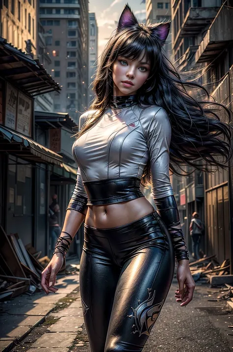 (masterpiece, best quality:1.2), cowboy shot, blake belladonna, cat ears, white shirt, detached sleeve, yoga pants, night, stars, walking in post apocalyptic city, buildings in ruins, debris, bonfire, street market, stalls, crowd, (masterpiece,stunning gir...