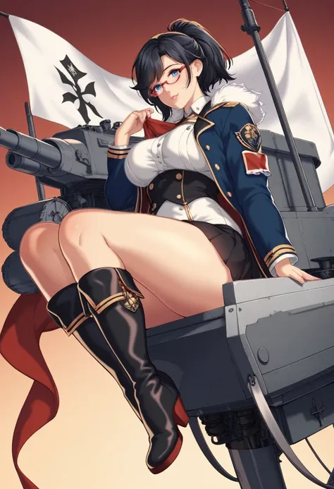 masterpiece, best quality,  beautiful thigh, beautiful skin, extremely delicate and beautiful, 1girl, simple background, EagleNavy, azur lane, battlecruiser, batl, rigging, turret, cannon, epicrigging, black hair, ponytail, blue eyes, glasses, short hair, ...