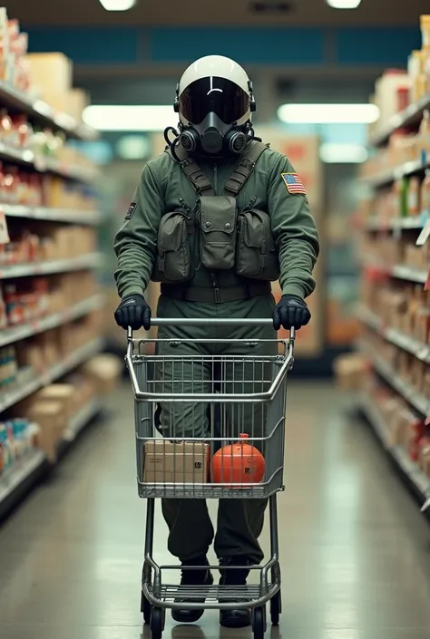 A realistic photo of a pilot in full gear, wearing a flight suit, a pilot’s helmet with the visor down, and an oxygen mask, pushing a shopping cart in a supermarket. The pilot is walking through the aisles, casually pushing the cart, creating a humorous co...