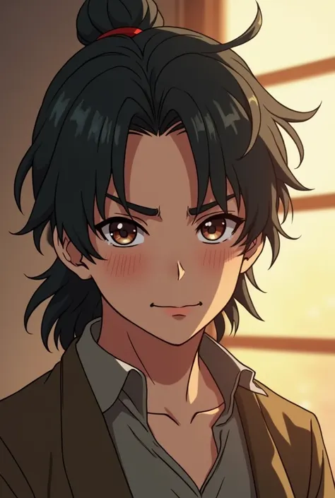 A young man who looks like Anime character Eren yeager and long half bun hairstyle