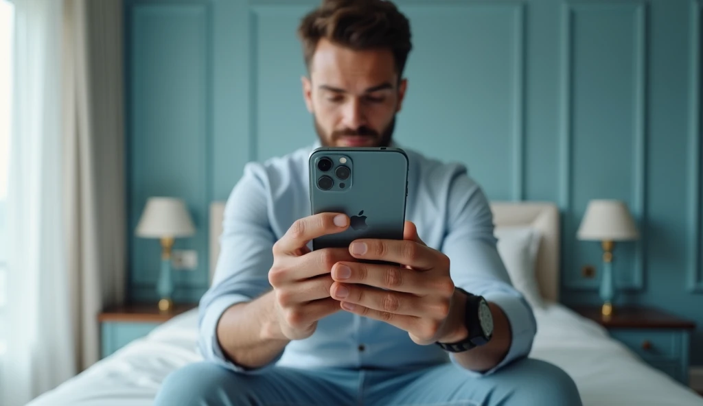 over the shoulder view, man holding iPhone, iPhone screen, down view of iPhone screen, iPhone screen closeup. Modern and expensive master bedroom, minimal aesthetic, white bed, white bedsheets, light blue walls. (best quality,4k,8k,highres),ultra-detailed,...