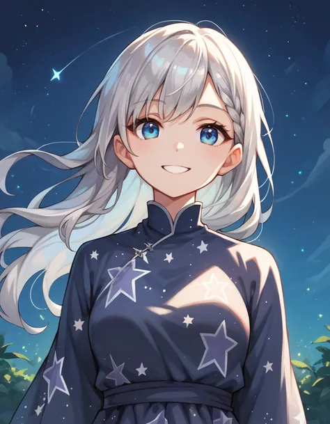 score_9, score_8_up, score_7_up, 1girl, long silver hair, upper body, blue eyes, arms at side, outdoors, starry night, long grey...