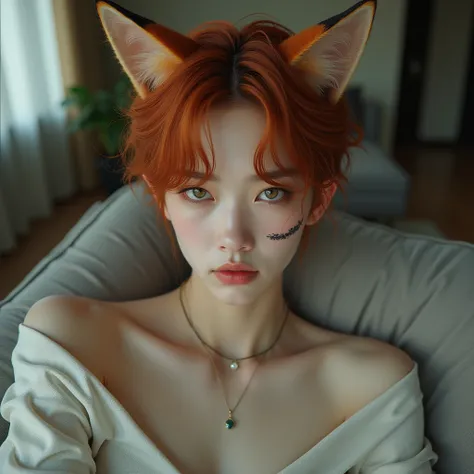 photorealistic, Asian man, handsome young man, copper hair, fox eyes, white skin, pale, very thin, fox ears sticking out of his copper hair, scar on his cheek, sitting on a sofa in a modern living room, with a disgusted expression, wearing a white T-shirt ...