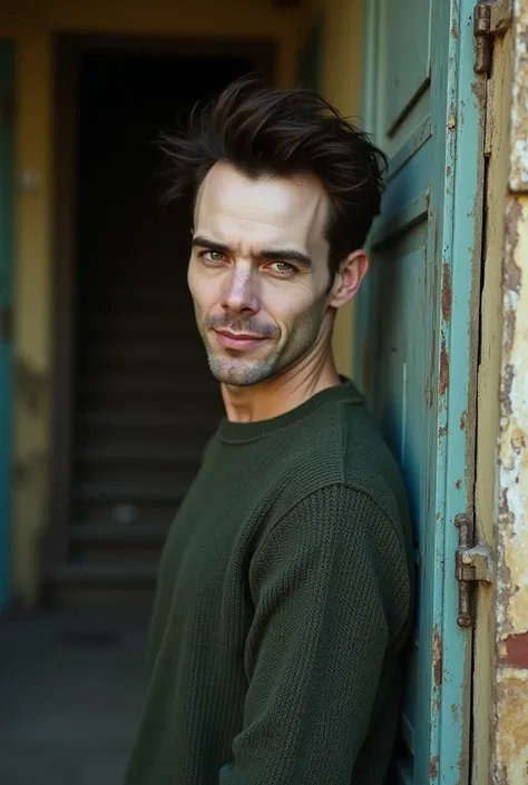 handsome slim man, white skin, dark brown messy hair, green eyes, with a mocking and amused smile and a Tarantino sweater, Behind him a half worn out apartment 