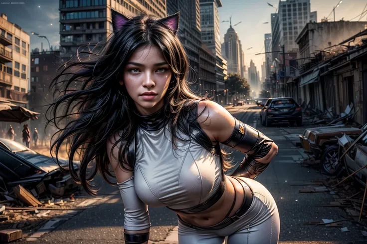 (masterpiece, best quality:1.2), cowboy shot, blake belladonna, cat ears, white shirt, detached sleeve, yoga pants, night, stars, walking in post apocalyptic city, buildings in ruins, debris, bonfire, street market, stalls, crowd, (masterpiece,stunning gir...