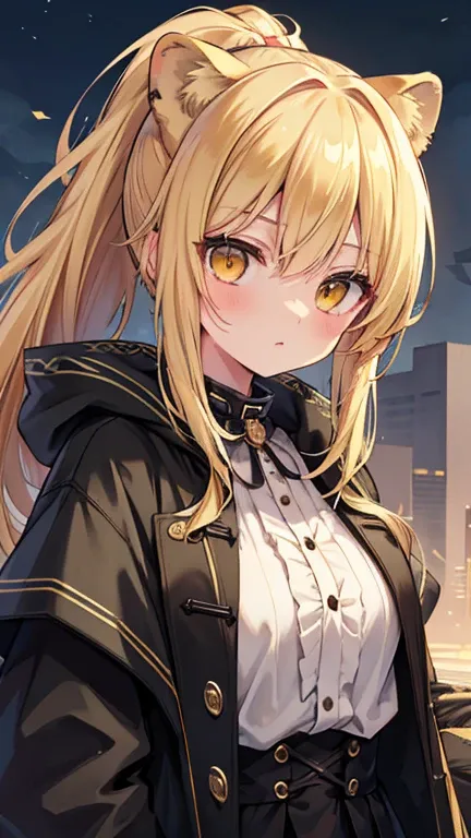 best quality, high quality, 8K, masterpiece, lion girl, blond hair, golden eyes, ponytail, punk lolita, black and green all-weather coat appears to be much too big for her, as it falls off her shoulders and reaches the ground in length. coat unbuttoned