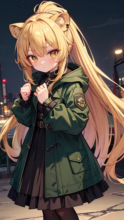 best quality, high quality, 8K, masterpiece, lion girl, blond hair, golden eyes, ponytail, punk lolita, black and green all-weather coat appears to be much too big for her, as it falls off her shoulders and reaches the ground in length. coat unbuttoned