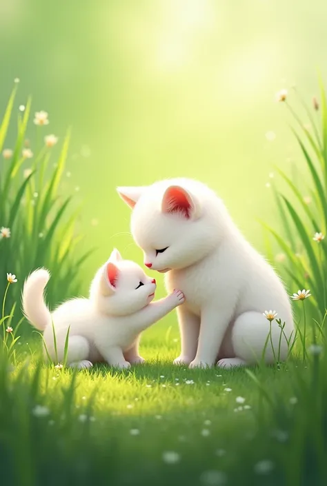 Cute white cat meet-up mother in Grass 