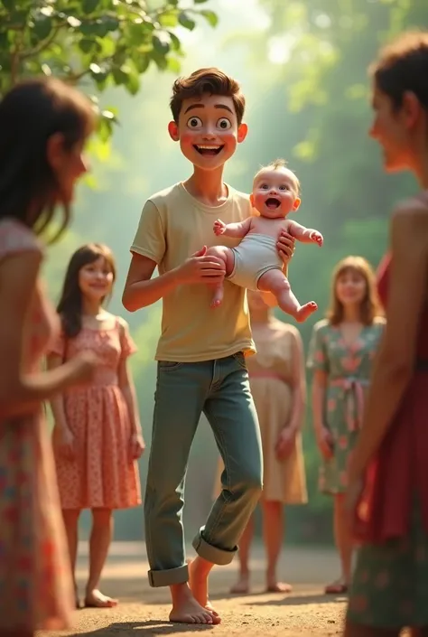 A smiling man holding a baby on one foot, to the astonishment of the women around

