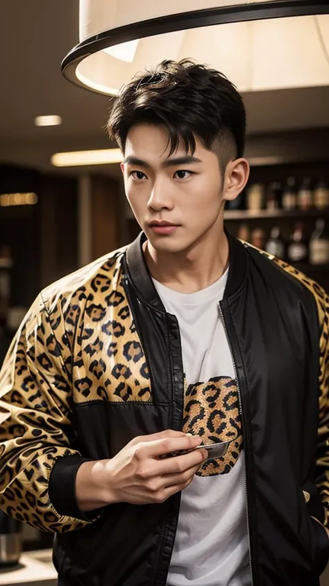 Chinese man, adult, sugar daddy, rizz, dilf, standing, hot adult man, (wearing leopard print shirt under black jacket and black jacket on top), pub, lighting, (((bulking:1.2))), good lighting