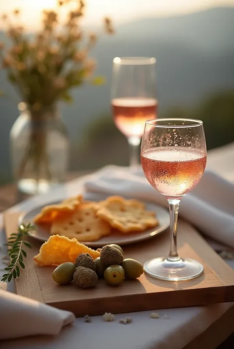 Aperitif with crisps, olives and a glass of pink sparkling wine