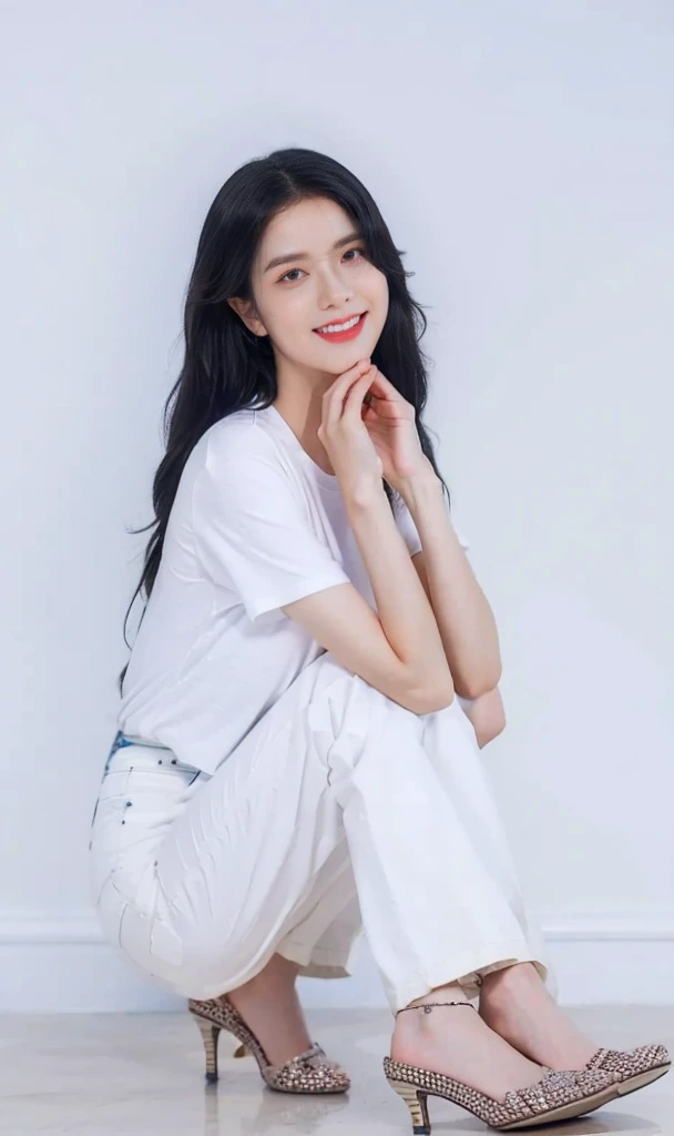 best quality, quality, masterpiece, photorealistic, 1girl，solo, White short sleeve，long blue jeans pants, long black hair,looking at viewer, smile, full body, white simple background