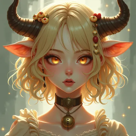 One girl, High resolution, Animal ears, Close your mouth, Golden Eyes, Beast Horns, Bell, Bangs, Highlight color hairstyle, Natural curls, Bob Hair, Animal ears, Cow ear, Gradient color eyes, The pupils are constricted, Simple Background, Beast Horns, 首にカウ...