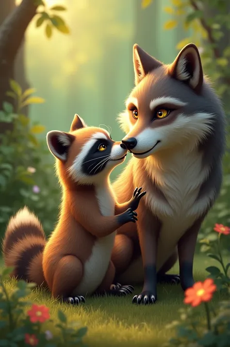 Create an image of a raccoon kissing a wolf