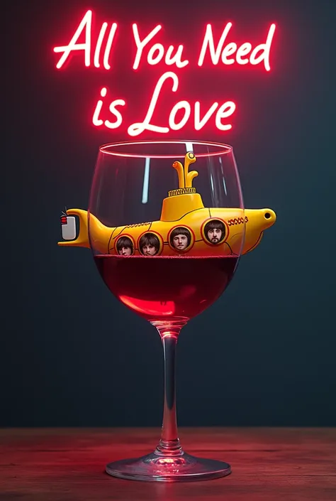 A large glass of red wine, at the bottom there is a yellow submarine with four portholes, Paul McCartney&#39;s face is visible in the windows, John Lennon,  Ringo Starr, George Harrison, neon sign above the glass " All you need is love".