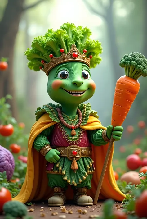 Vegetable king, very friendly and healthy, with a crown of lettuce, her clothes and cloak of vegetables like carrots, very colorful broccoli and tomatoes, his armor of cabbage and vegetables and a carrot scepter, It should be animated as if it were a child...