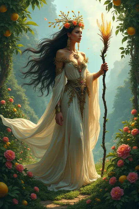 A beautiful warrior goddess in armor , Adorned with intricate floral crowns and flowing robes., It is located in the middle of a lush garden full of vibrant, tropical flowers lemons and sweets . its length, Dark hair cascades over her shoulders., blending ...