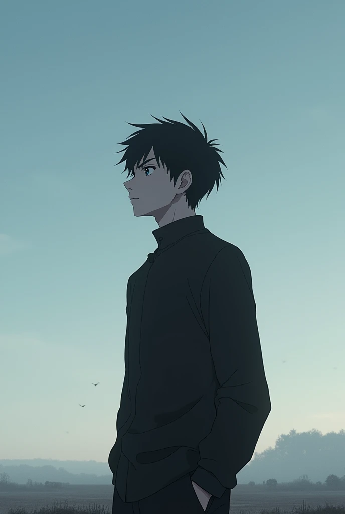 20 year old anime boy standing alone looking at the sky sadly with black hairs and beared and wearing black outfits also with beared