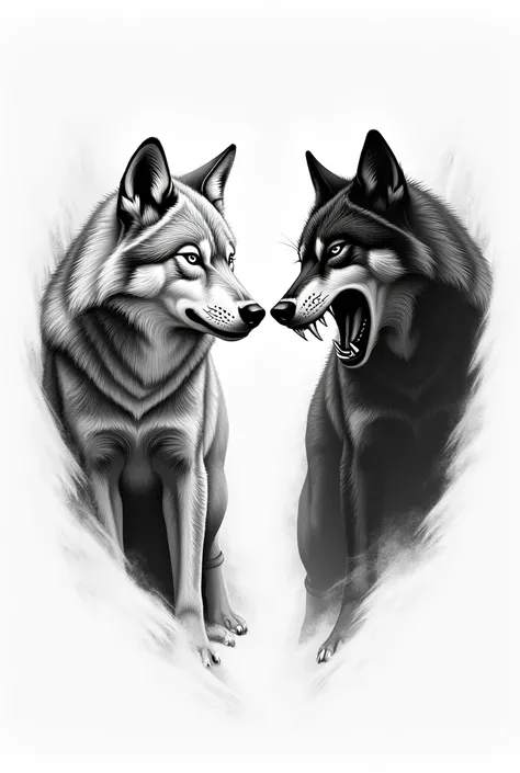 Two wolf tattoo - one calm one angry 