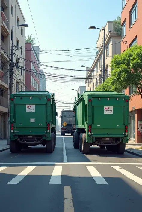 On a street I want to see 4 garbage containers with a capacity of half a ton each., I want there to be a garbage truck and for everything to look very tidy In a neighborhood That the containers are bigger That the street is bigger Same image but with bigge...