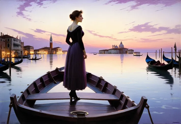 painting of a woman standing on a boat in the water, venice at dusk, by John La Gatta, at purple sunset, carl gustav carus, at twilight, calm evening, inspired by Antonio Ciseri, dawn, peder severin kroyer, by Jakub Schikaneder, by Antonio Ciseri, by Lione...