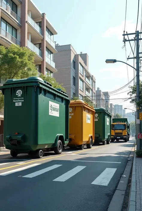 On a street I want to see 4 garbage containers with a capacity of half a ton each., I want there to be a garbage truck and for everything to look very tidy In a neighborhood That the containers are bigger That the street is bigger Same image but with bigge...