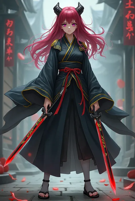 A girl with dark red hair and dead purple eyes, demon slayer uniform, black haori with yellow going half way up the sleeves, grey socks, yellow and black sandals, grey, yellow and purple sword