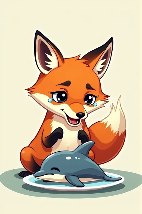 Cartoon fox eating dolphin on a plate and crying