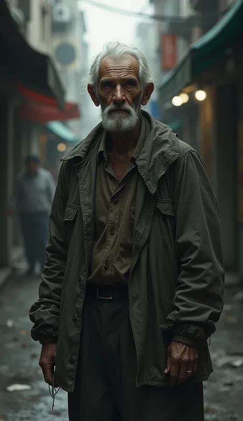 an old man, with a face marked by time and the difficulties of life, is in a dark alley. Their clothing, torn and dirty, cannot hide the fragility of their thin body. The smell of urine and garbage mixes with the air. He observes the movement of the city, ...