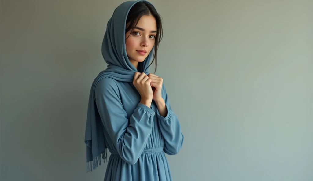 Sara 23years old Muslim girl ai standing wear blue dress and pick scarf