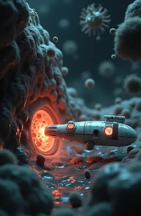 This is a famous scene from the American movie "Fantastic Voyage," in which a tiny deep-sea research vessel uses a laser to burn off the staphylococcus bacteria that have stuck to the walls of a human stomach. The scene is set in a body fluid where red blo...