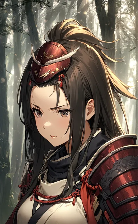 1 girl, alone at forest, samurai girl, samurai armor, long hair, alone, 