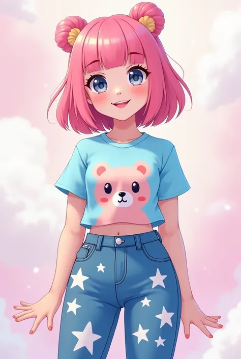 Roblox Girl with Pink Blunt Bangs Hair and Kawaii Blue Bear Top ♡ and Cute Star Blue Jeans Pants Y2k Trendy Girls Soft Kawaii
