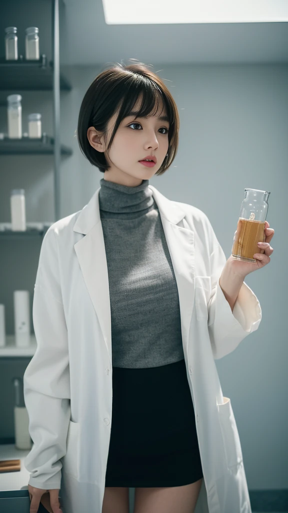 beautiful woman、short hair with bangs raised、big breasts、((women scientist))、(phd)、((long lab coat))、(turtleneck sweater)、(black...