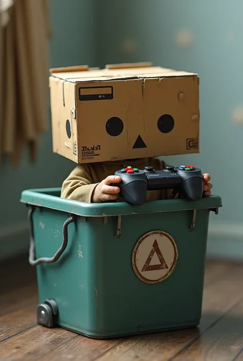 A living shoebox playing with a controller in a laundry bin