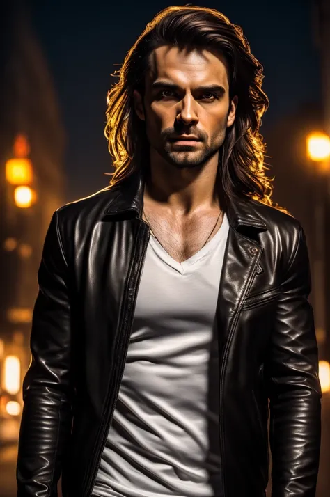 8k, best quality, masterpiece, ultra high resolution, (realism: 1.4), original photo, (Realistic skin texture: 1.3), (film grain: 1.3), (Selfie angle), Male Vampire, Night sky and neon glow behind him, long brown hair, fashionable clothes, dark leather jac...