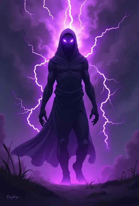 A mysterious guy surrounded by a purple aura. his eyes are glowing purple. You can see that he is charging his power and you can see lightnings and dark purple smoke in the background. He doesnt look realistic, he looks like he is taken from a cartoon. He ...