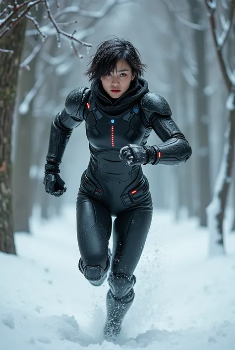 A Japanese woman, wearing modern armor, with one of the bionic arms and glowing red eyes, running through a frozen forest