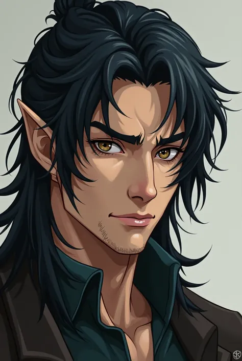 (Anime Style) (Elf) (Male) (Masculine) (Dark hair) (Dark eyes) (Strong Jawline) (Rough) (General) (Handsome)
