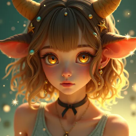 One girl, High resolution, Animal ears, Close your mouth, Golden Eyes, Beast Horns, Bell, Bangs, Highlight color hairstyle, Natural curls, Bob Hair, Animal ears, Cow ear, Gradient color eyes, The pupils are constricted, Simple Background, Beast Horns, 首にカウ...