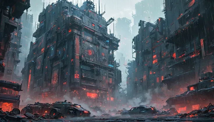 (best quality, masterpiece;1.2), detailed back ground, dark background, vibrant highlights, gritty, dark, dystopian, blue tones, hazy blue, neon, robotic, futuristic, dark future, apocalyptic, grimdark, raining, war torn, grim, fog, smoke