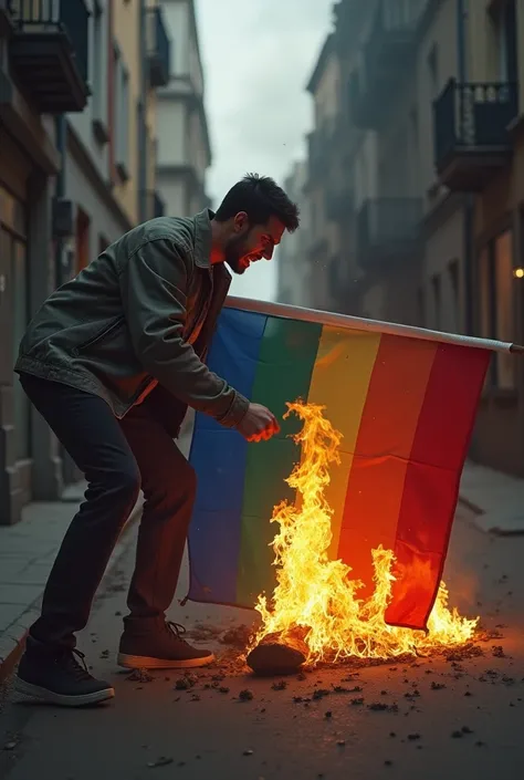 Person setting fire to LGBT flag