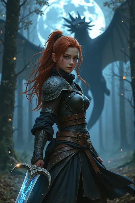 "A young warrior woman with long, flowing red hair tied in a ponytail stands in a dense forest illuminated by the soft light of the full moon. She wears worn leather armor, dark with silver embroidery, and clutches a glowing sword with ancient runes. Her g...